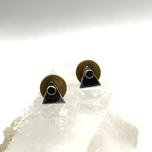 Artisan Jewelry - Vintage 1990's Pair of Earrings with Mixed Metal Geometric Layered Design